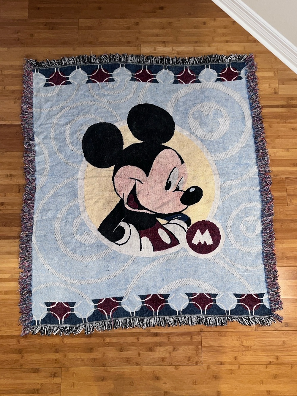 Disney Parks Mickey Mouse Woven Tapestry Fringed Throw Blanket 90s VTG 54”x48”